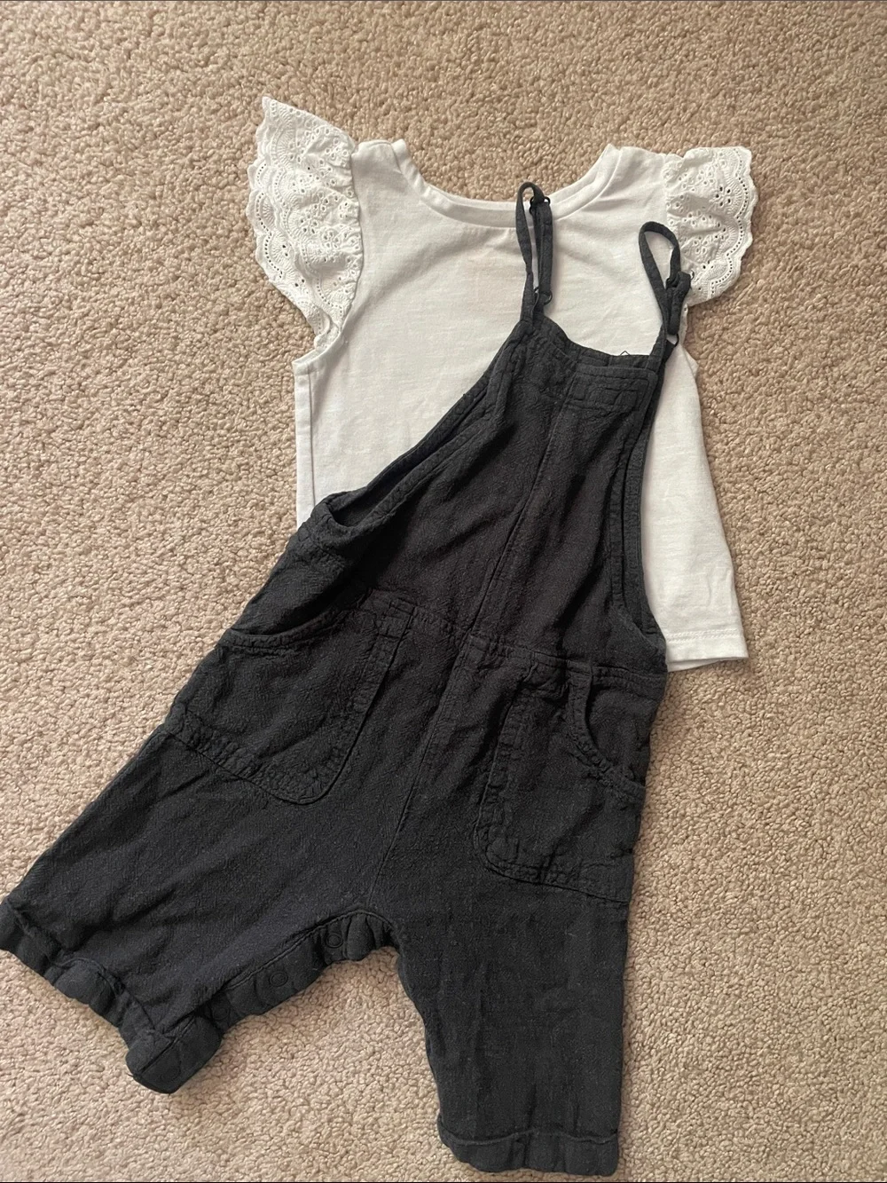 Black Short Overalls with White Eyelet Sleeve Top